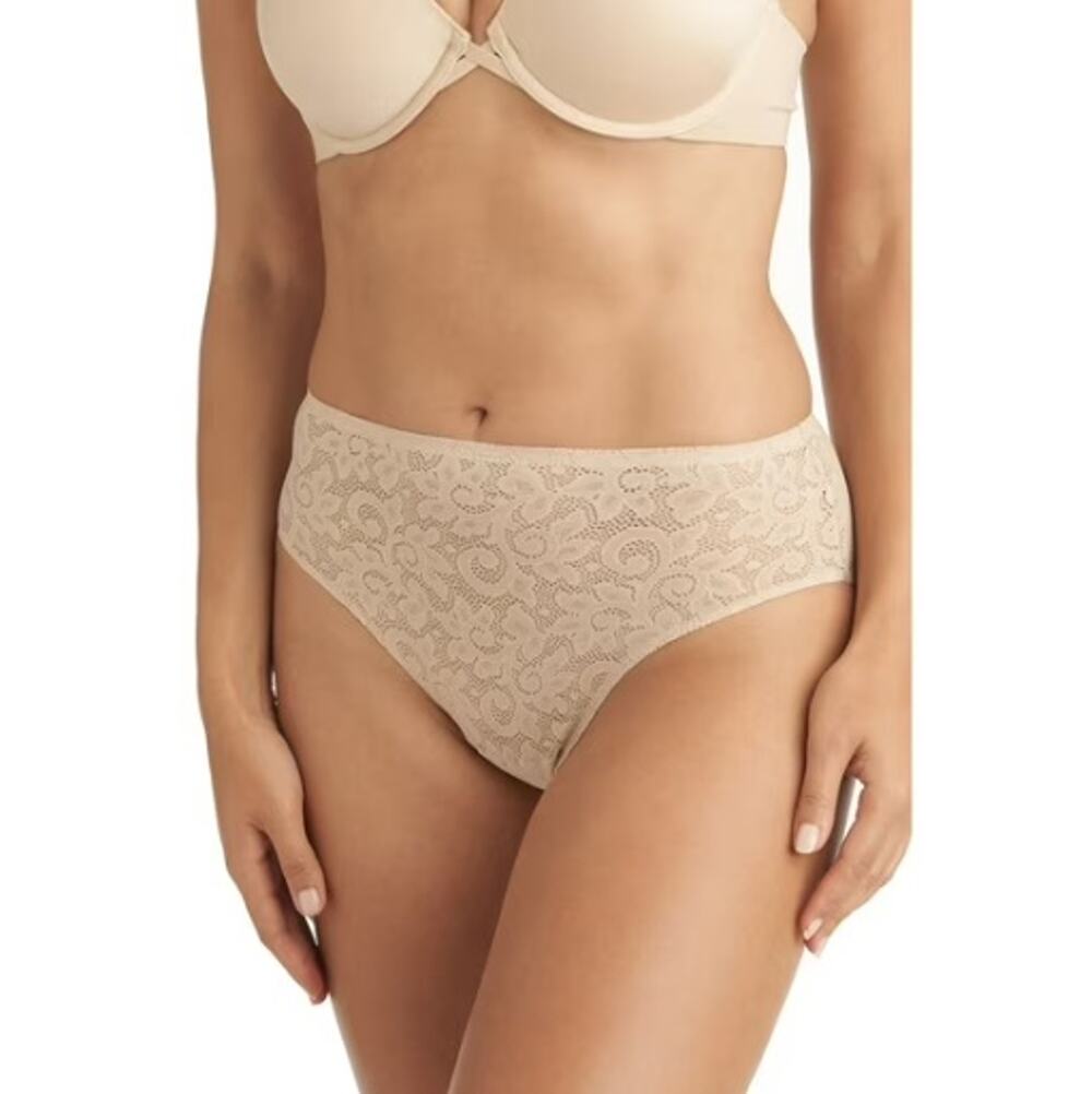 TC Fine Intimates Women Warm Beige Sheer Lace Hi-Cut Brief Panties Size L